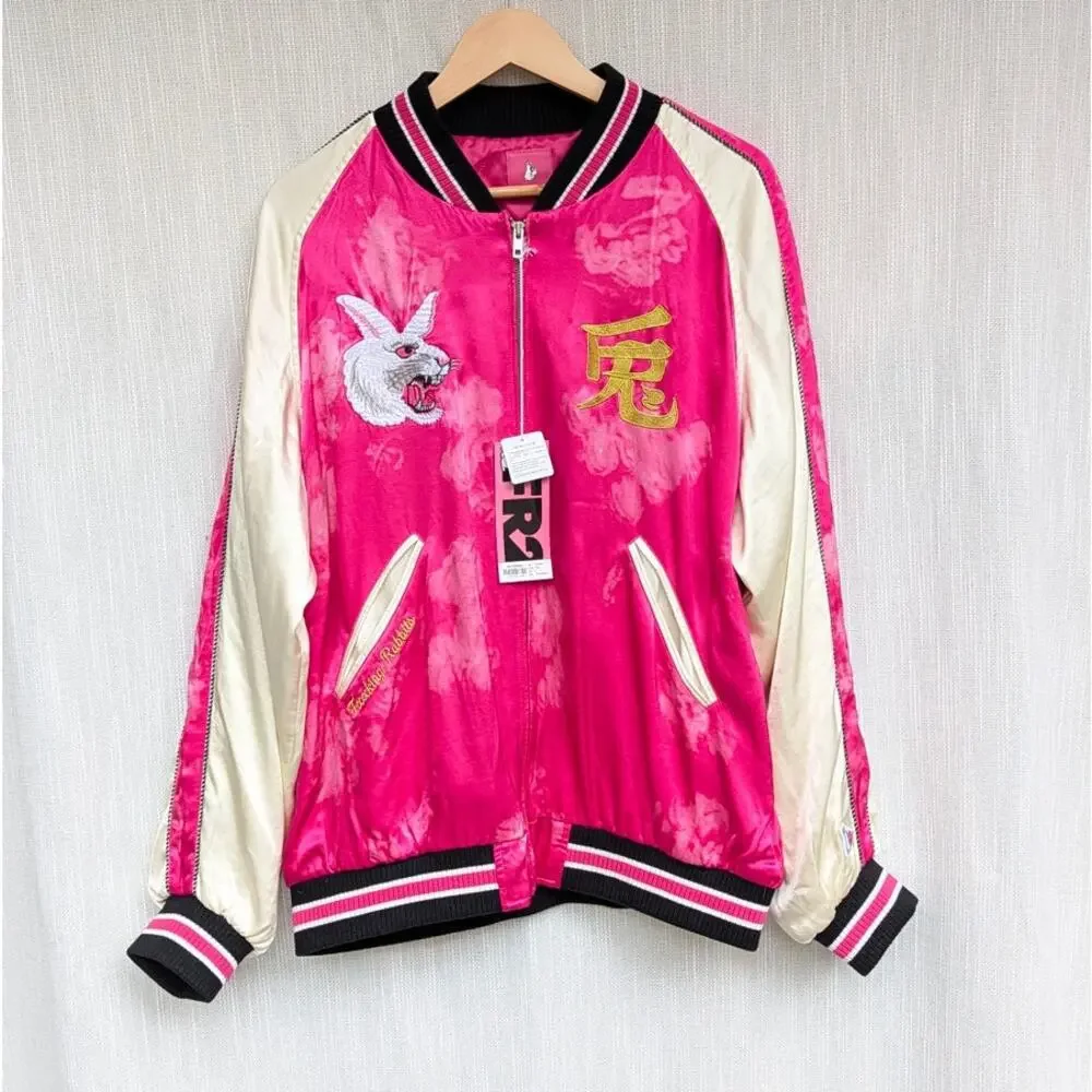 FR2 #FR2 Fxxking Rabbits Satin Souvenir Varsity Jacket Unisex L Pink Bomber NWT